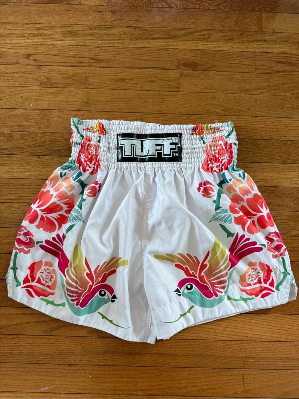 TUFF Muay Thai Boxing Shorts "White Birds and Roses Vintage Drawing"